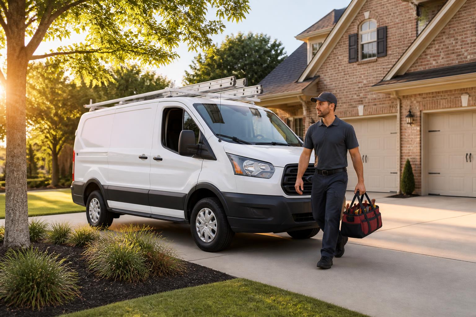 Savannah Rapids Garage Door Repair service van parked at a traditional brick home in Evans, GA